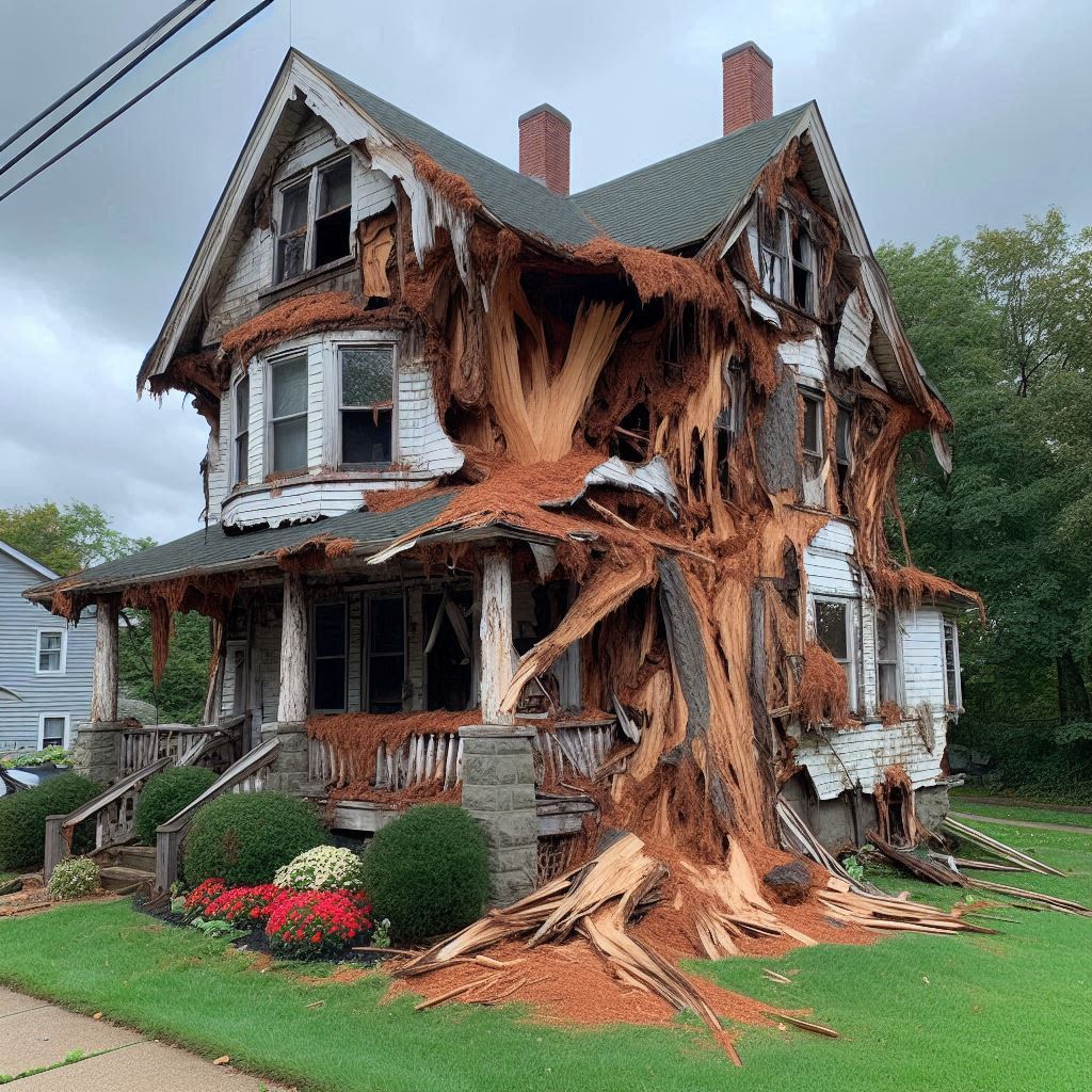 Damaged tree on an Arlington Heights home showing signs of disease and decay